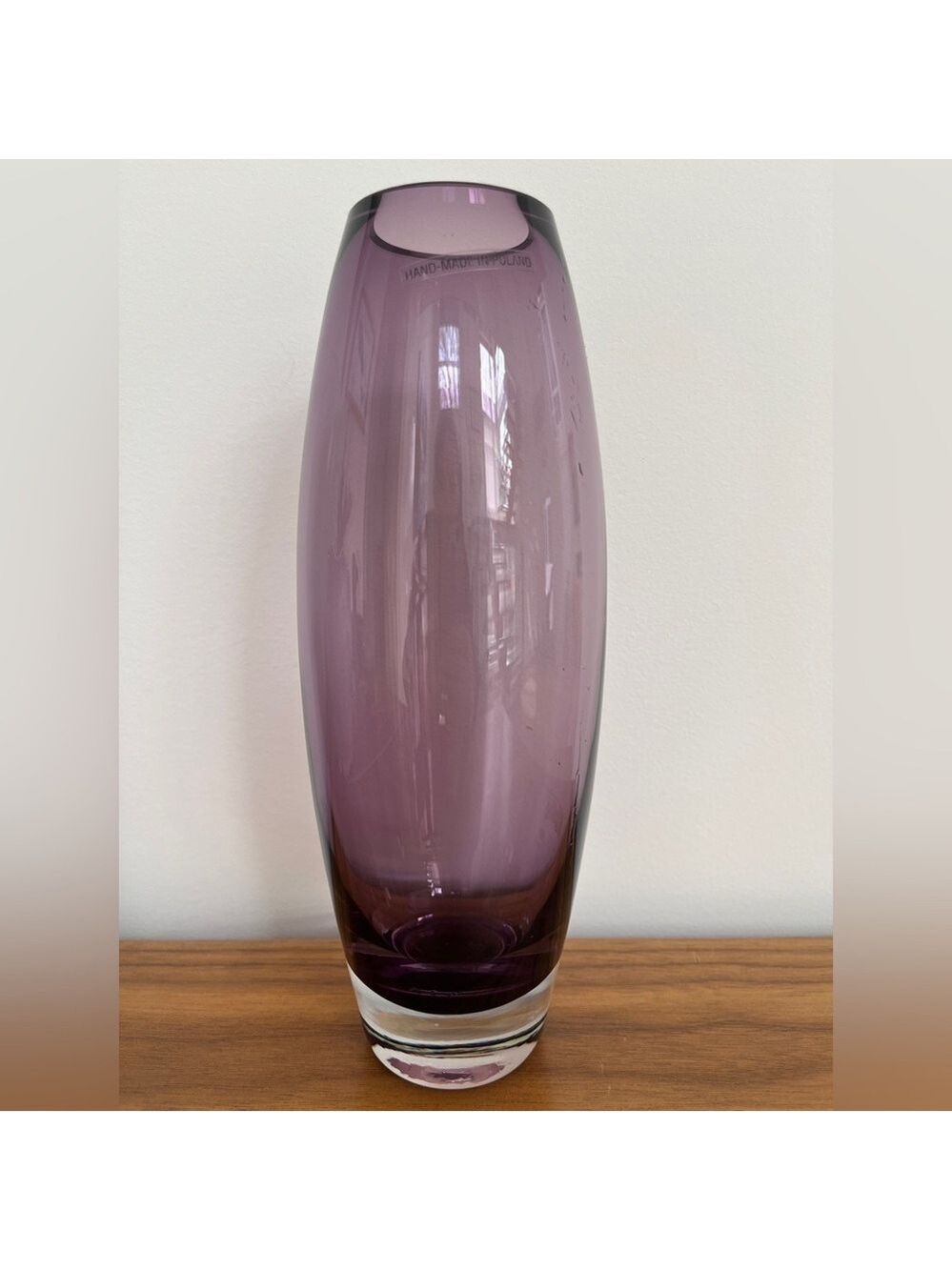 ART GLASS Vase Hand Made in Poland Purple Clear Bottom Narrow Lantern Shape